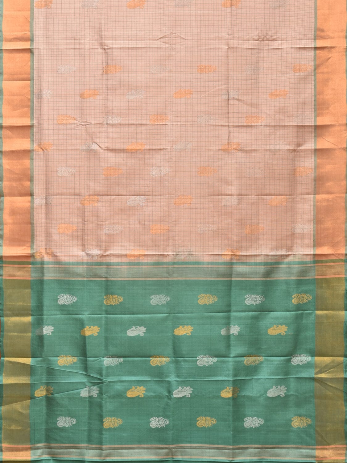 Cream and Turquoise Uppada Silk Handloom Saree with Body Buta and Checks Design u2121