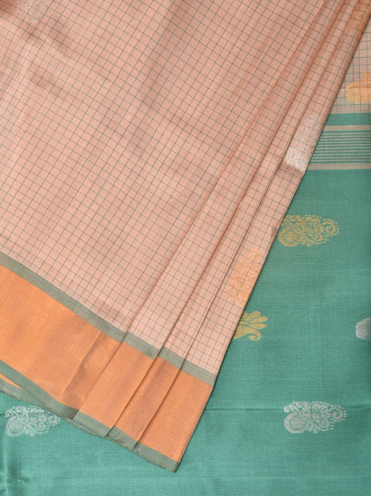 Cream and Turquoise Uppada Silk Handloom Saree with Body Buta and Checks Design u2121