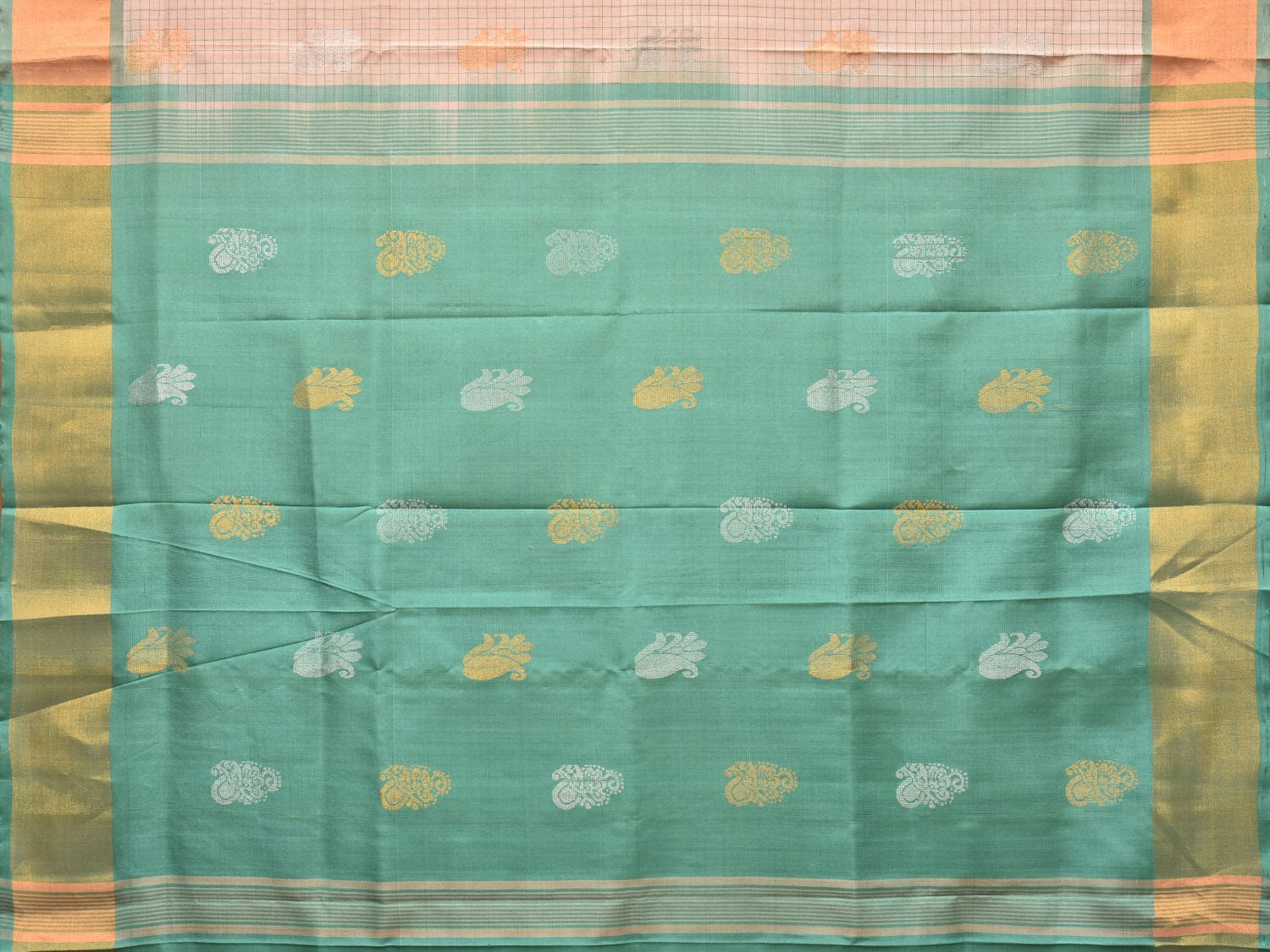 Cream and Turquoise Uppada Silk Handloom Saree with Body Buta and Checks Design u2121