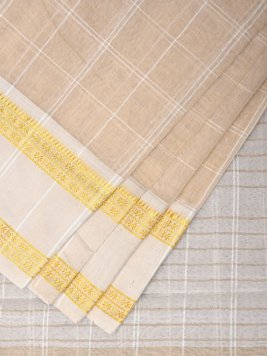 Cream and White Bamboo Cotton Saree with Big Checks Design No Blouse bc0391