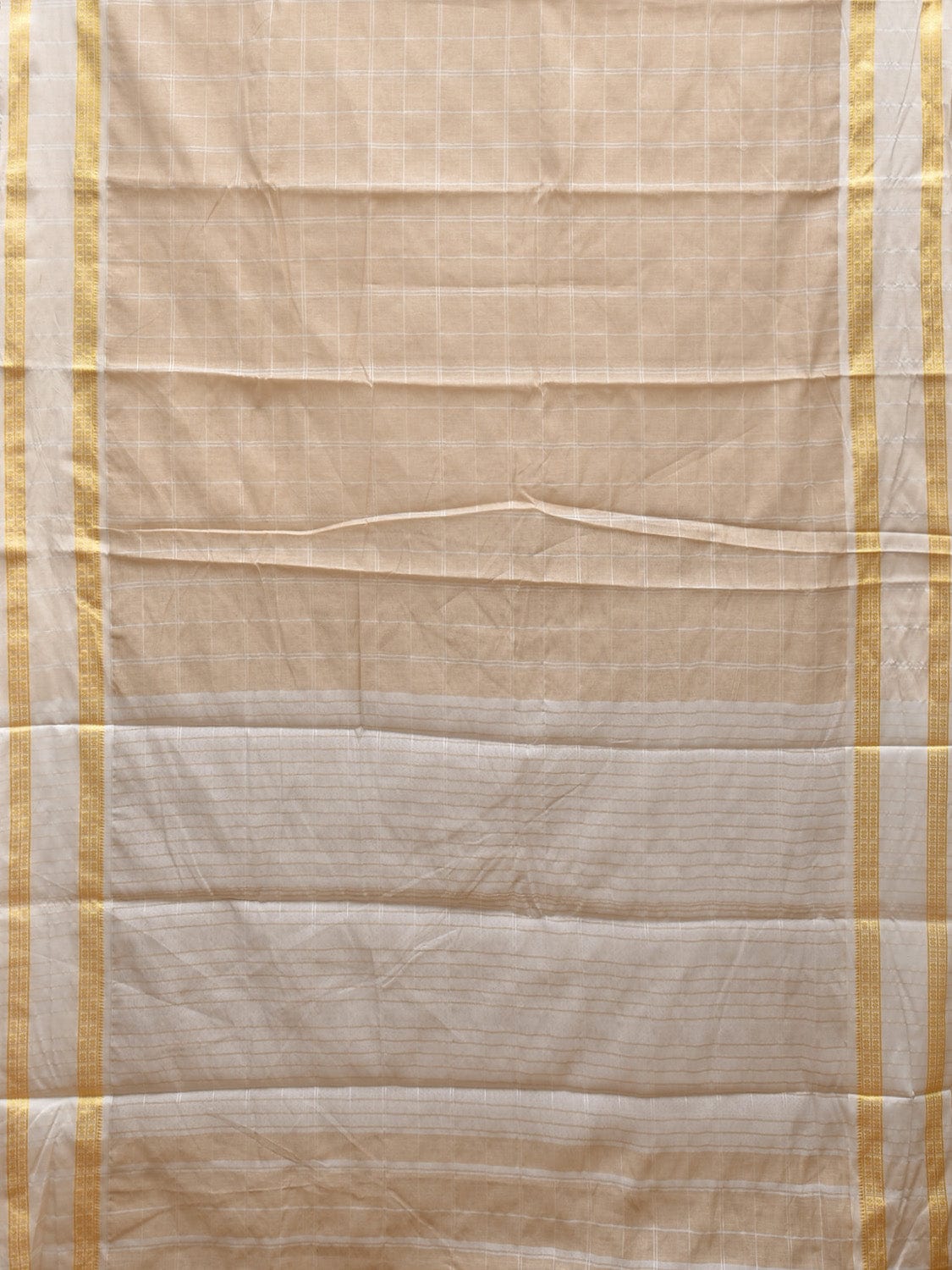 Cream and White Bamboo Cotton Saree with Big Checks Design No Blouse bc0391