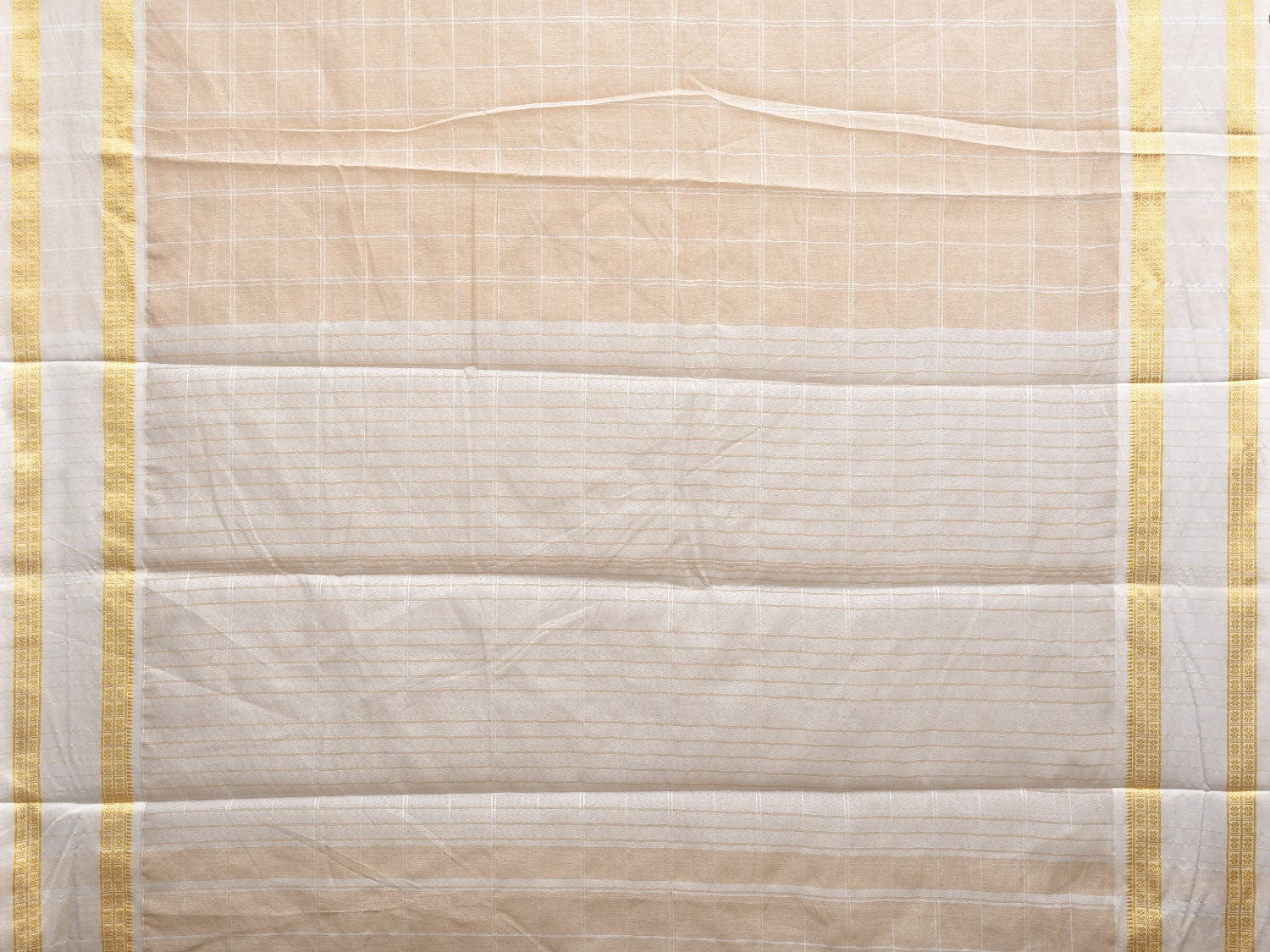 Cream and White Bamboo Cotton Saree with Big Checks Design No Blouse bc0391