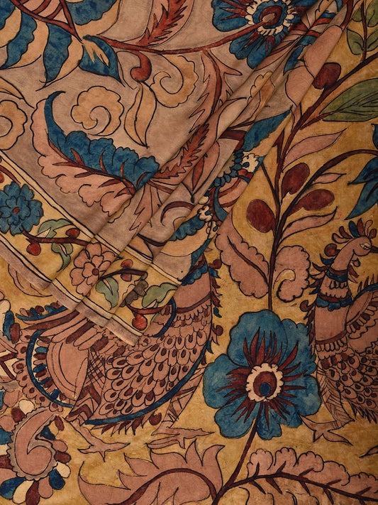 Cream and Yellow Kalamkari Hand Painted Silk Handloom Saree with Big Floral Design KL0793
