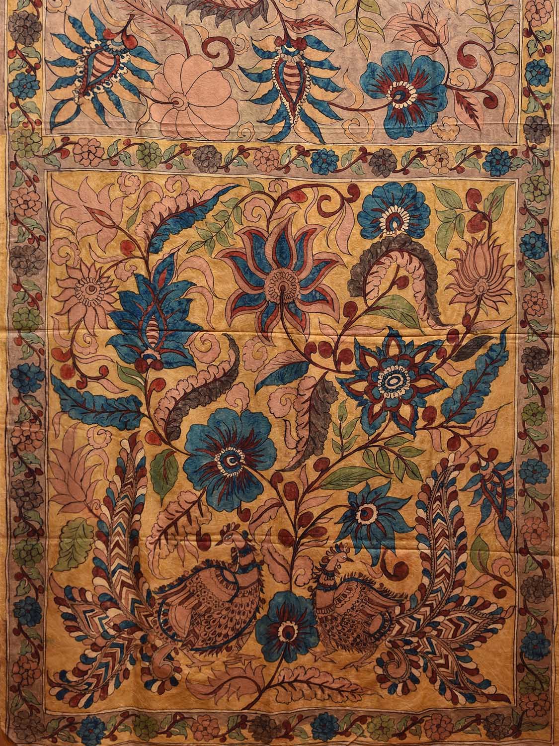 Cream and Yellow Kalamkari Hand Painted Silk Handloom Saree with Big Floral Design KL0793