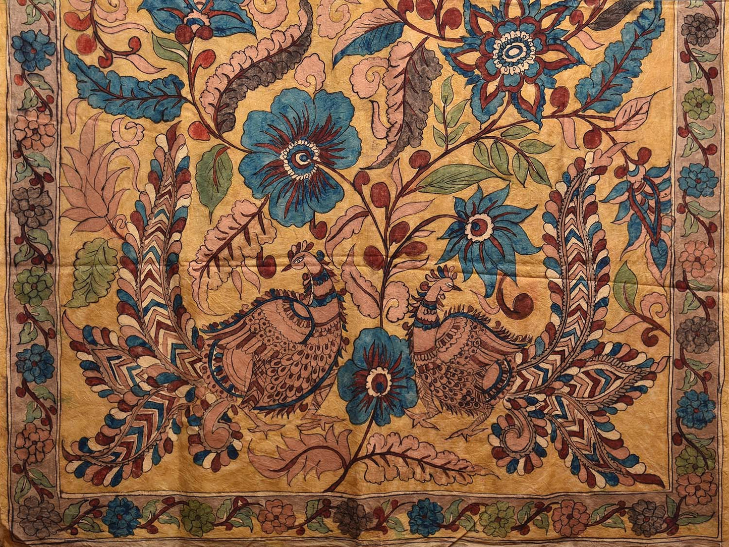 Cream and Yellow Kalamkari Hand Painted Silk Handloom Saree with Big Floral Design KL0793