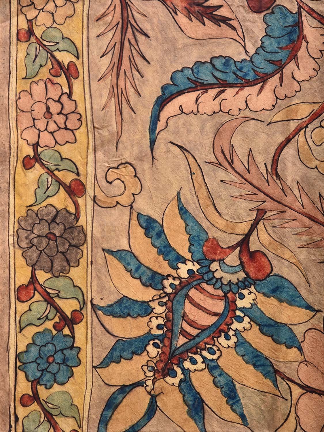 Cream and Yellow Kalamkari Hand Painted Silk Handloom Saree with Big Floral Design KL0793