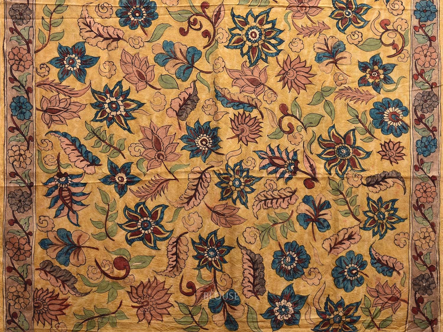 Cream and Yellow Kalamkari Hand Painted Silk Handloom Saree with Big Floral Design KL0793