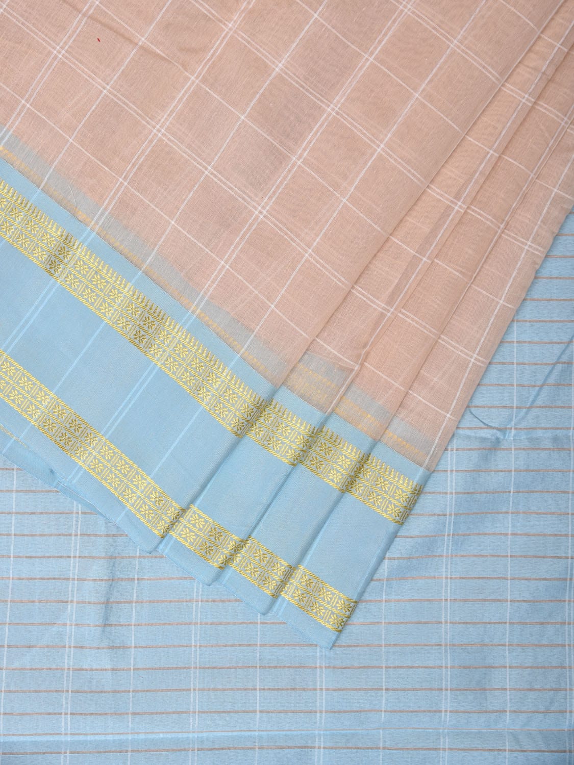Cream Bamboo Cotton Saree with Big Checks and Doby Border Design bc0133