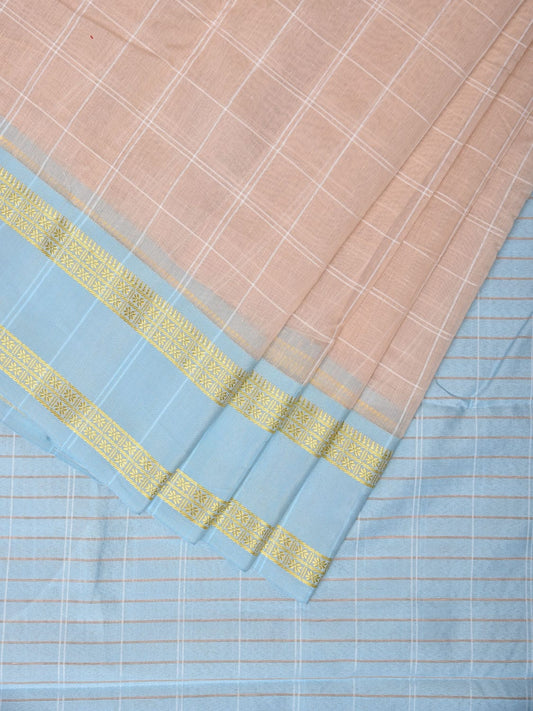 Cream Bamboo Cotton Saree with Big Checks and Doby Border Design bc0133