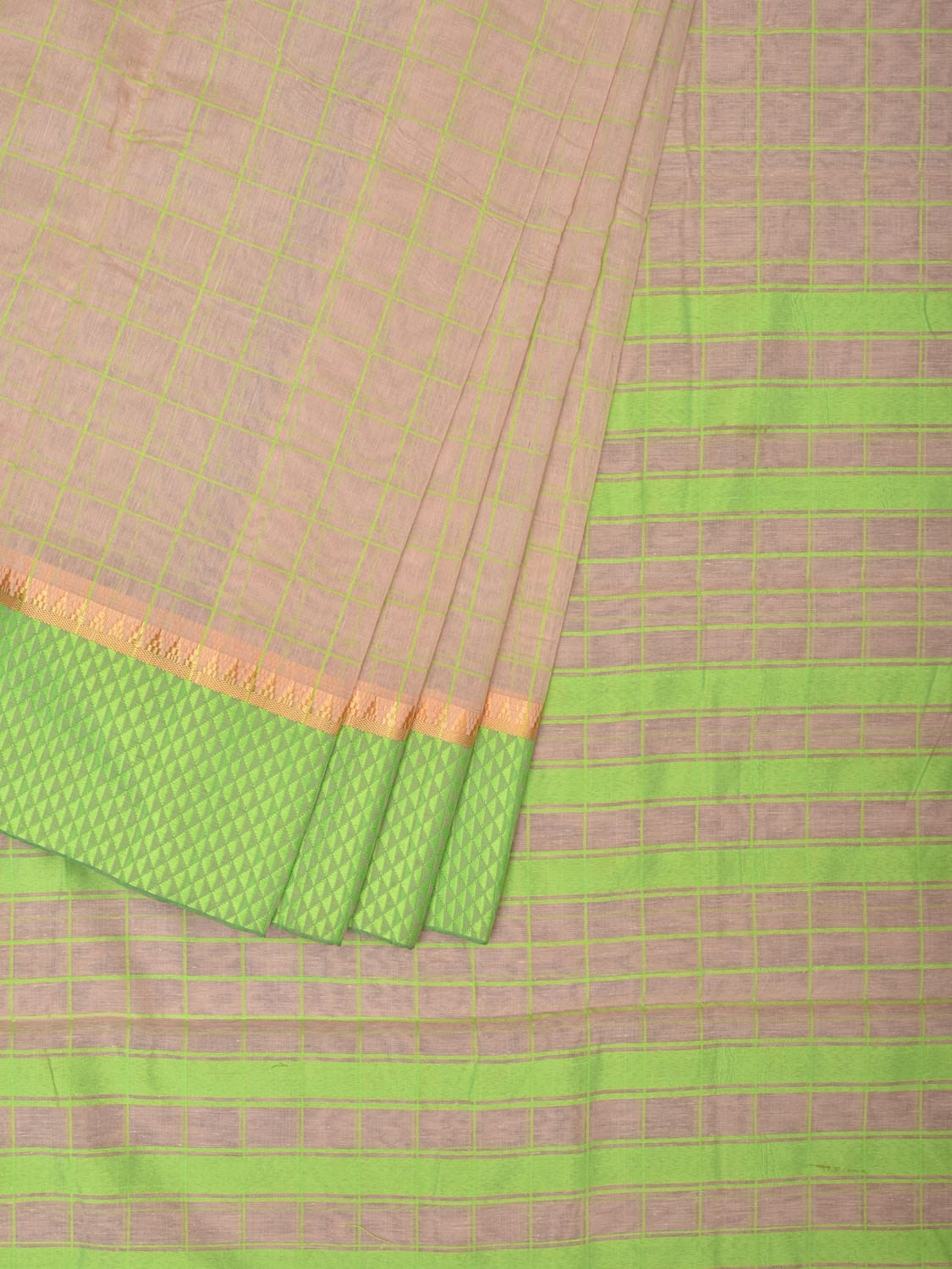 Cream Bamboo Cotton Saree with Big Checks Design bc0121