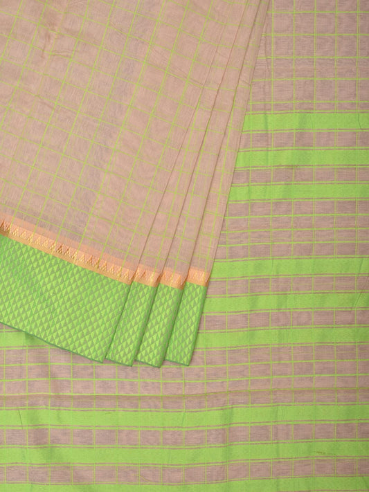 Cream Bamboo Cotton Saree with Big Checks Design bc0121