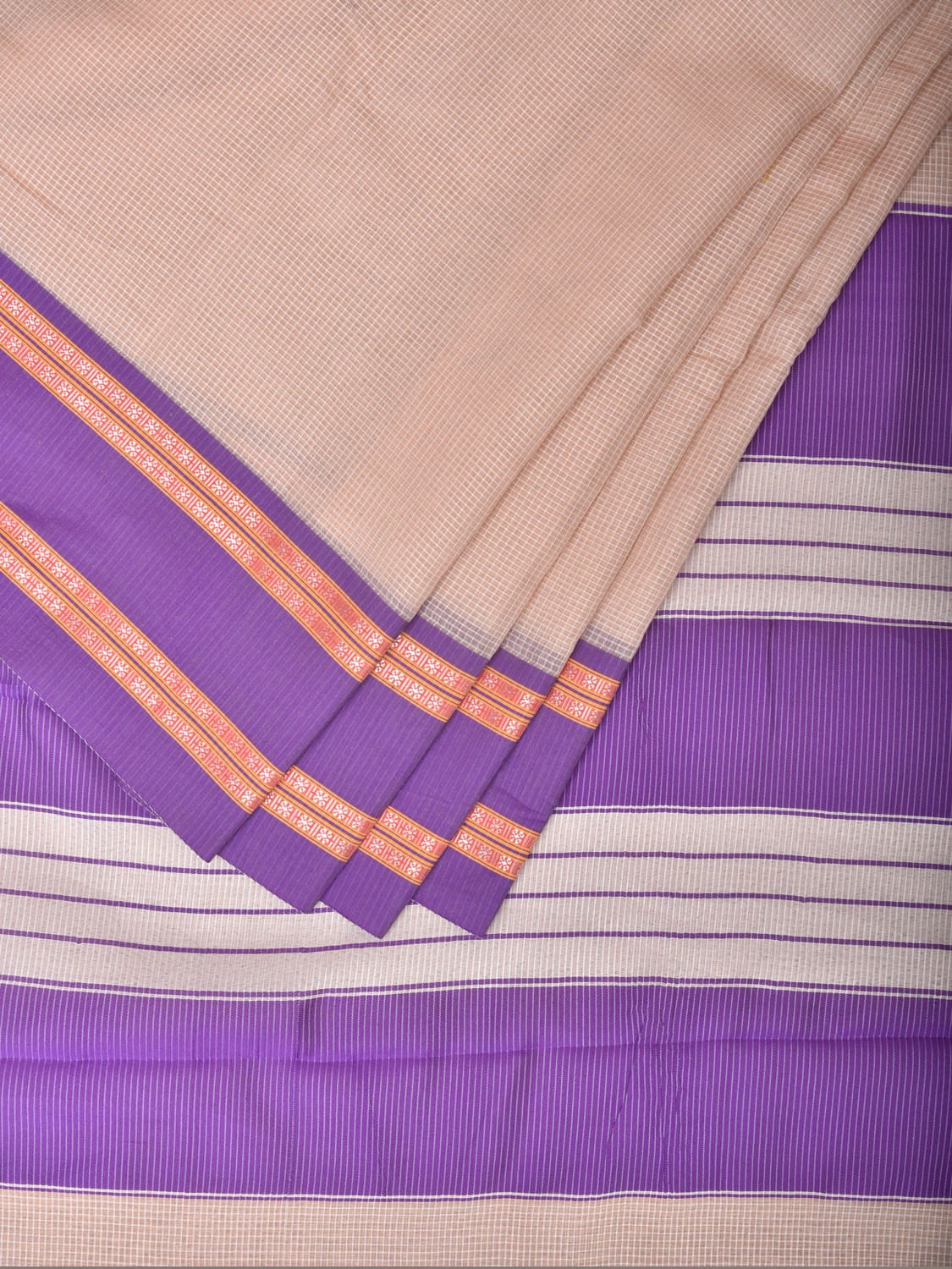 Cream Bamboo Cotton Saree with Checks Design bc0144