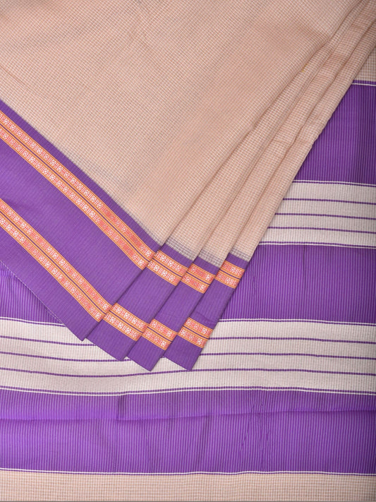 Cream Bamboo Cotton Saree with Checks Design bc0144