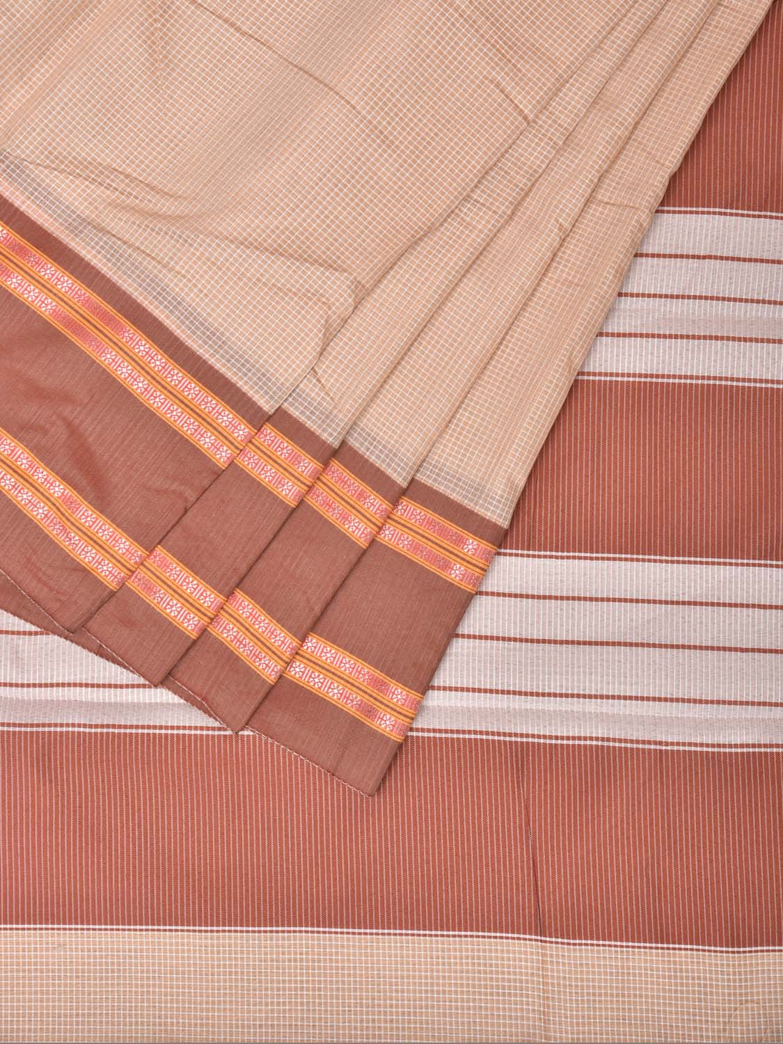 Cream Bamboo Cotton Saree with Checks Design bc0145