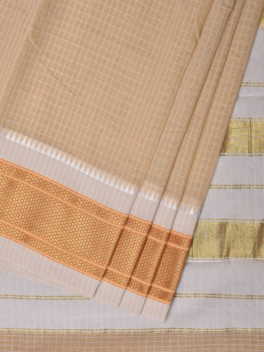 Cream Bamboo Cotton Saree with Checks Design No Blouse bc0259