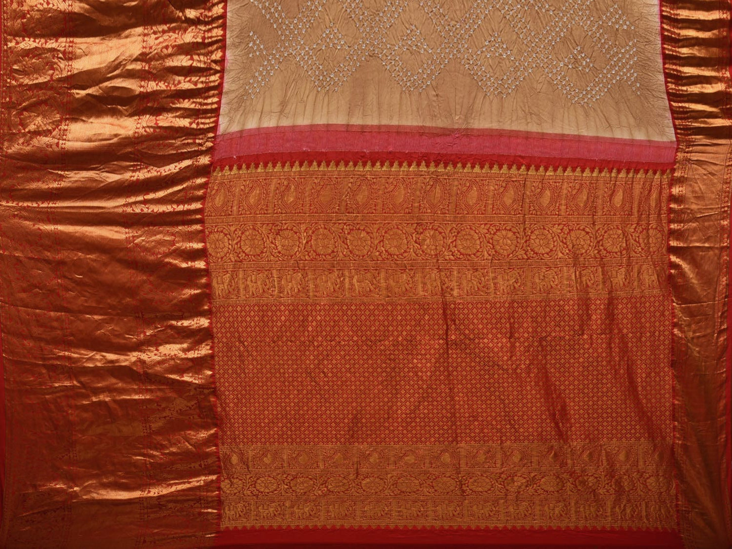 Cream Bandhani Kanchipuram Silk Handloom Saree with Border Design bn0386
