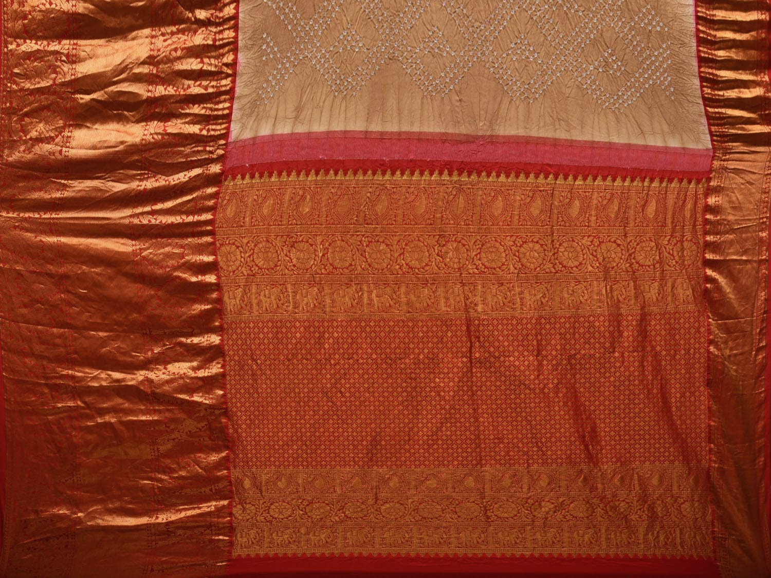 Cream Bandhani Kanchipuram Silk Handloom Saree with Border Design bn0386
