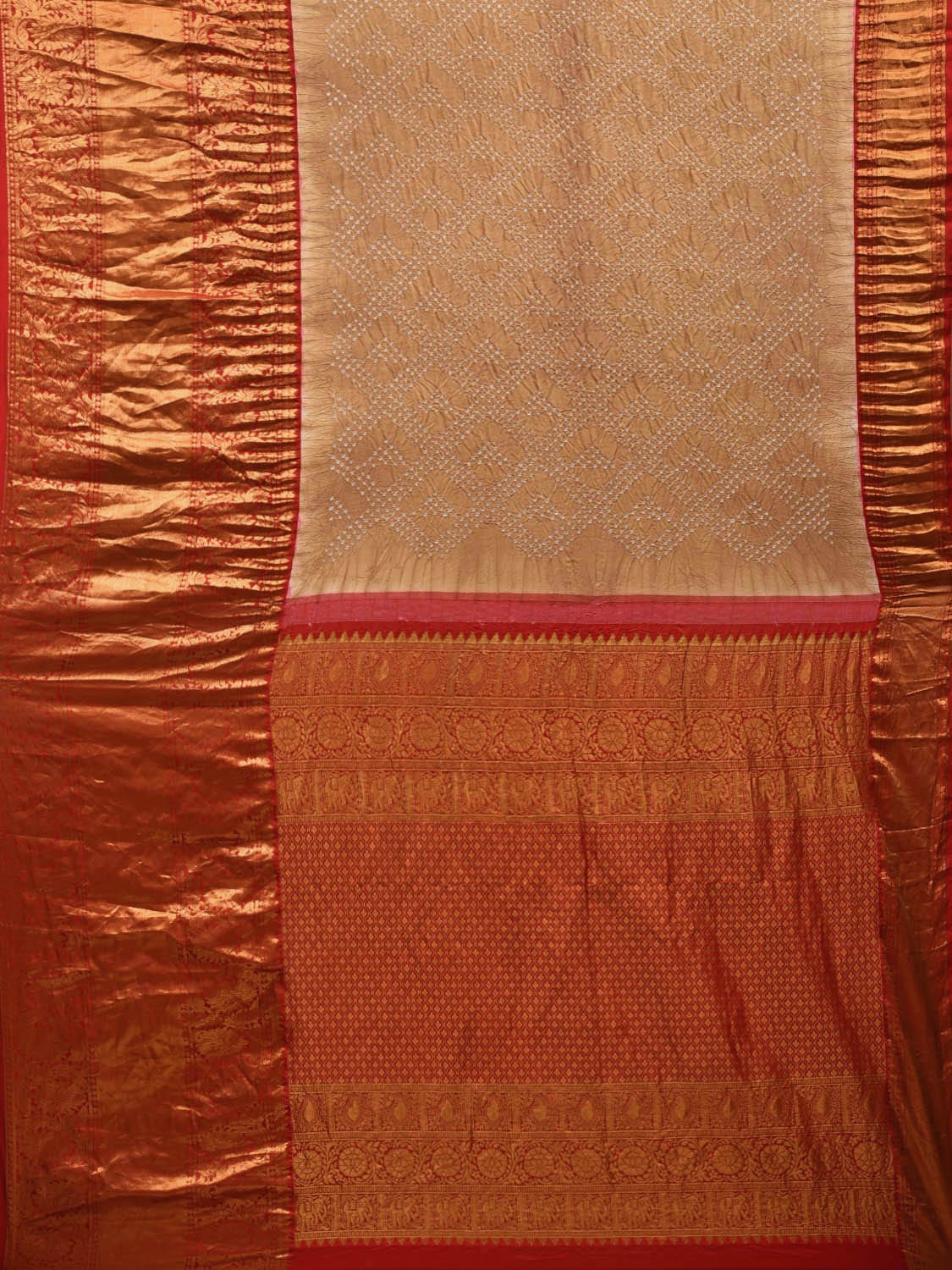 Cream Bandhani Kanchipuram Silk Handloom Saree with Border Design bn0386