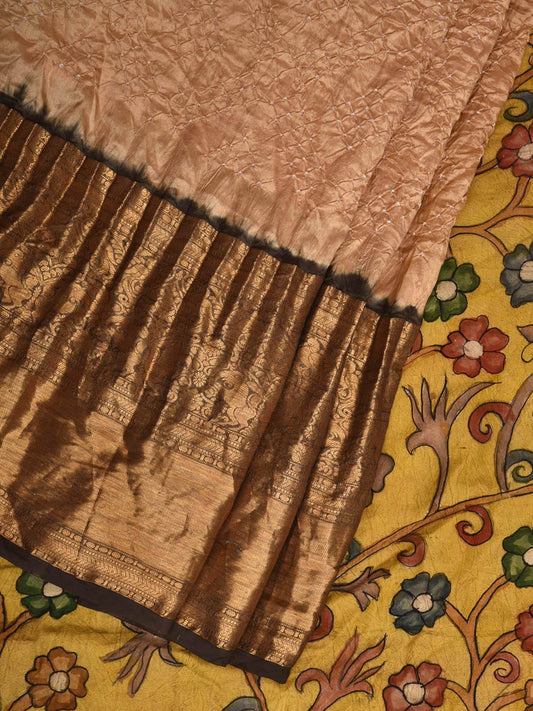 Cream Bandhani Kanchipuram Silk Handloom Saree with Kalamkari Hand Painted Pallu and Blouse Design bn0406