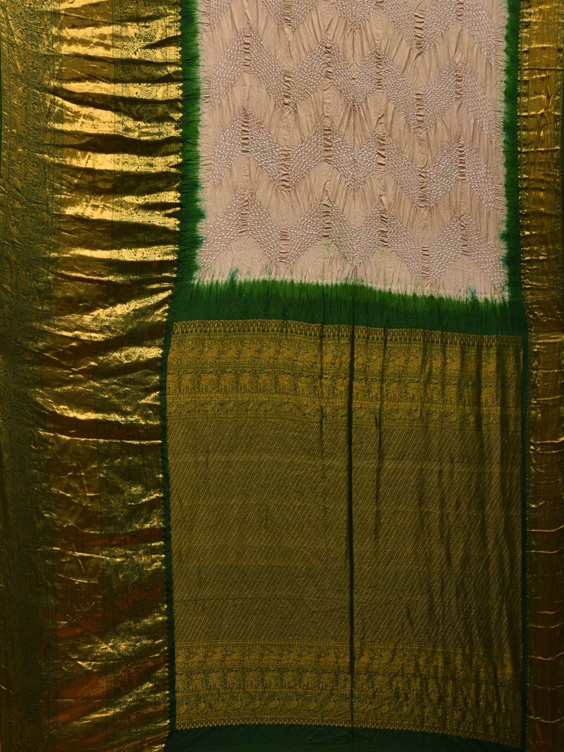 Cream Bandhani Kanchipuram Silk Handloom Saree with One Side Big Border Design bn0343