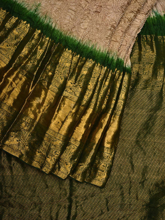 Cream Bandhani Kanchipuram Silk Handloom Saree with One Side Big Border Design bn0343