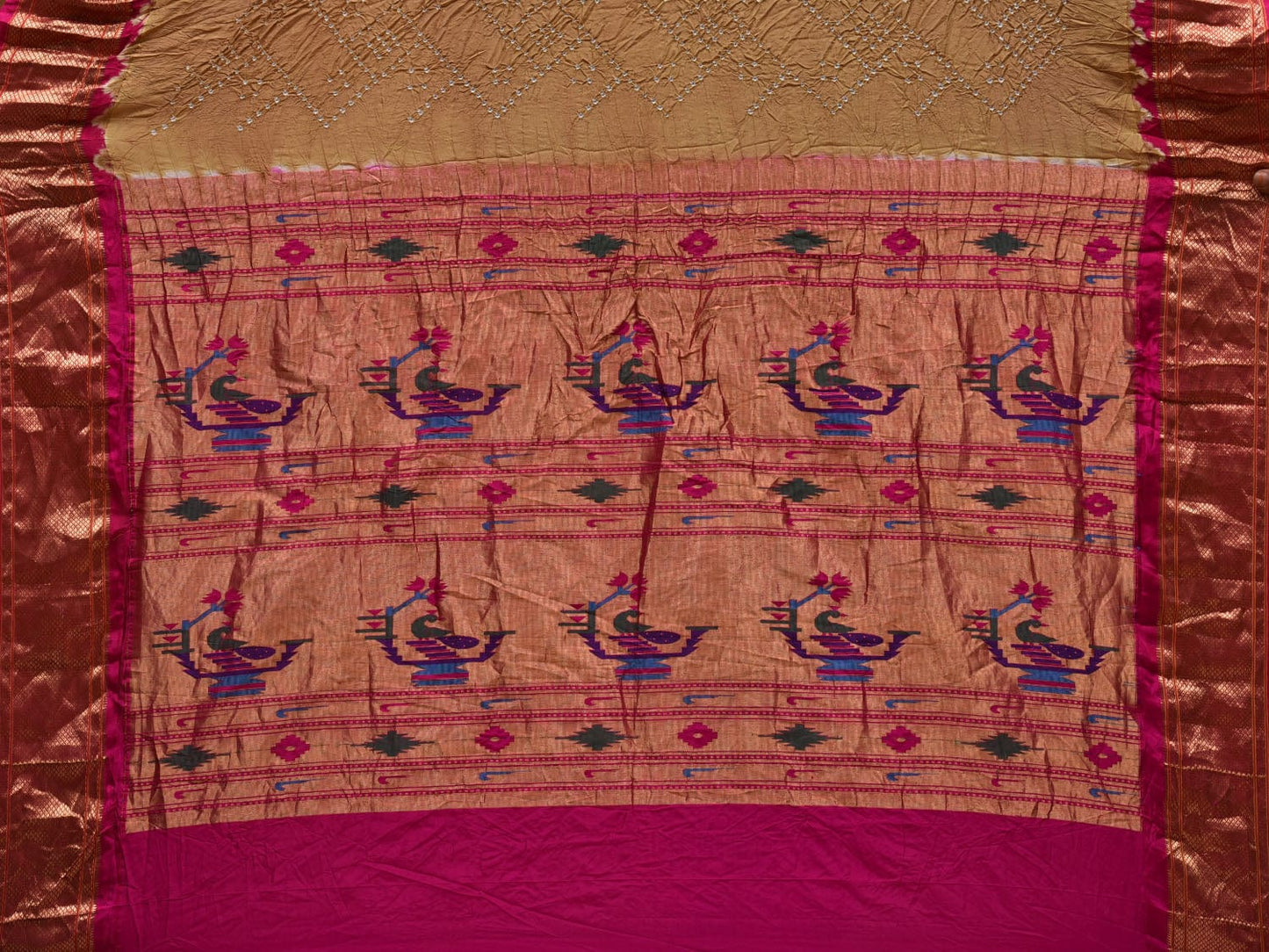 Cream Bandhani Paithani Silk Handloom Saree with Pallu Design bn0339