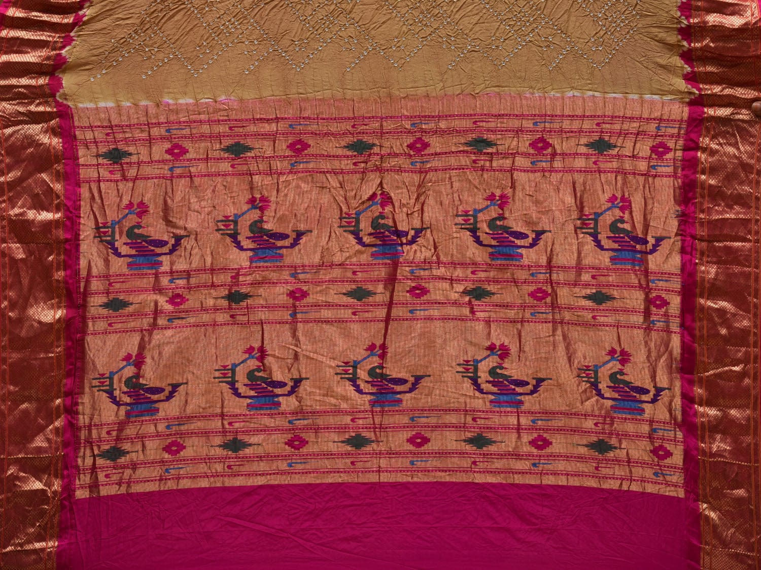 Cream Bandhani Paithani Silk Handloom Saree with Pallu Design bn0339