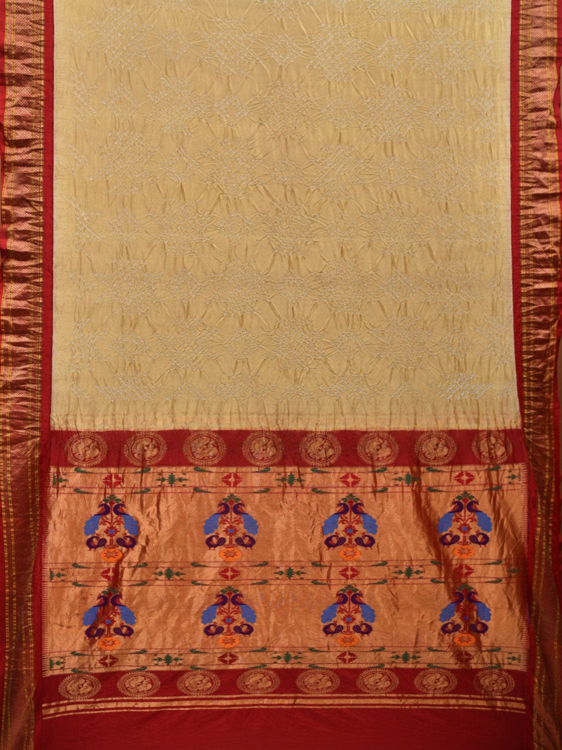 Cream Bandhani Paithani Silk Handloom Saree with Pallu Design bn0371
