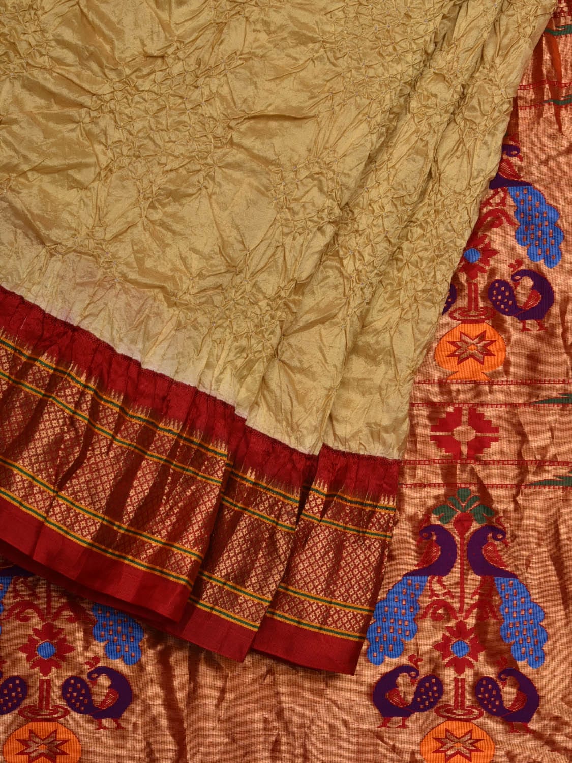 Cream Bandhani Paithani Silk Handloom Saree with Pallu Design bn0371