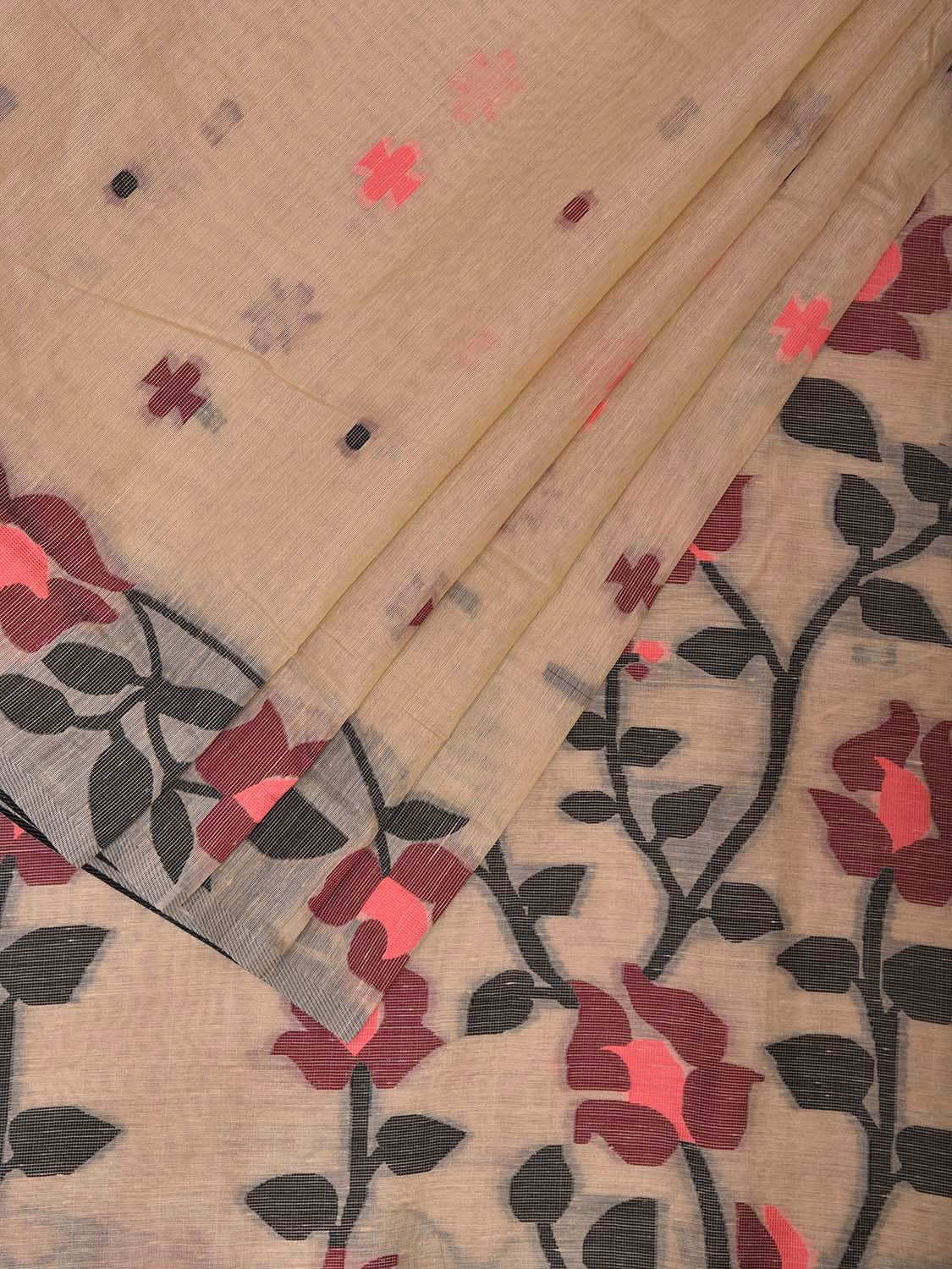 Cream Dhakai Jamdani Cotton Viscose Saree with Floral Border and Pallu Design dj0059