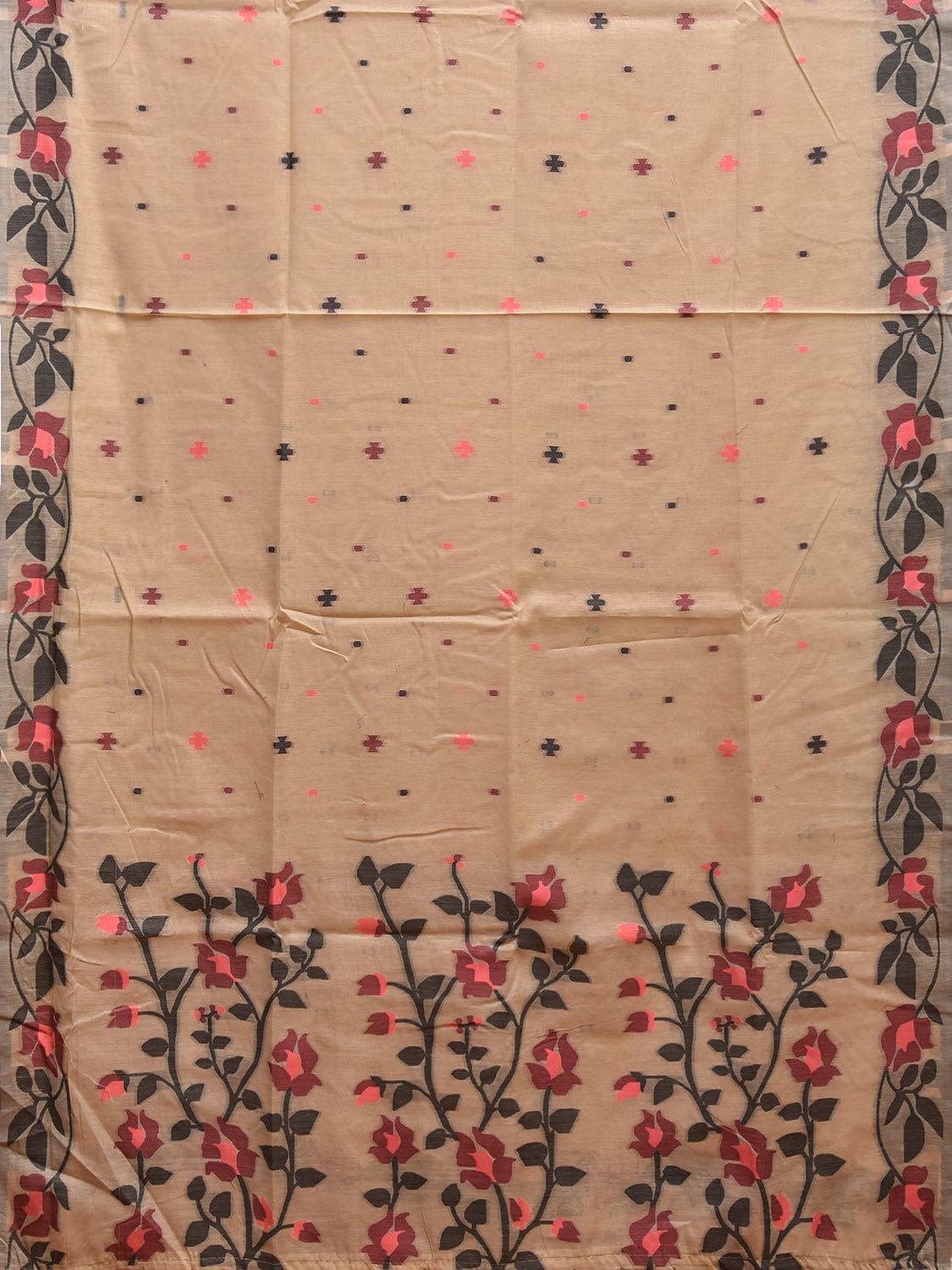 Cream Dhakai Jamdani Cotton Viscose Saree with Floral Border and Pallu Design dj0059