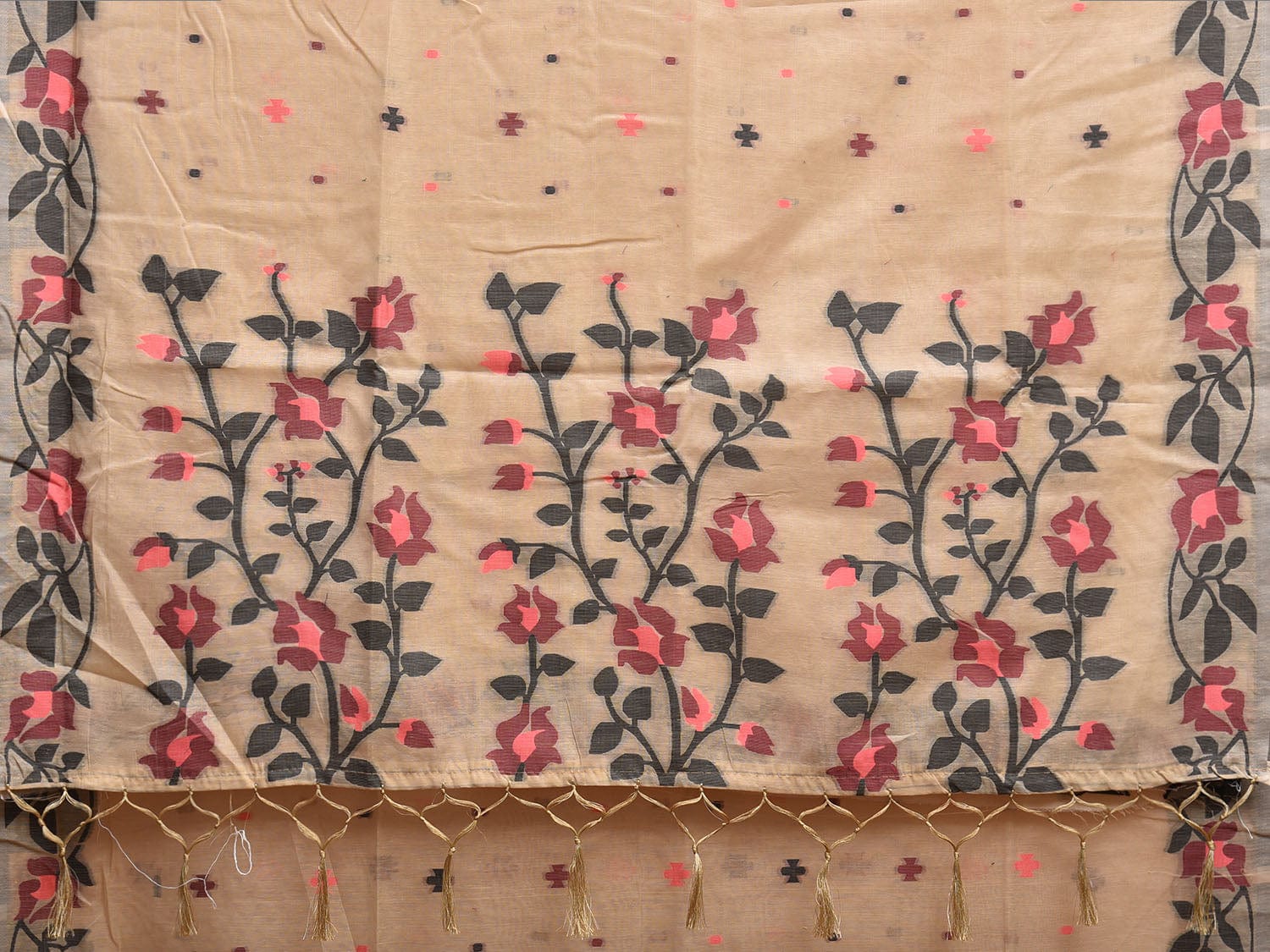 Cream Dhakai Jamdani Cotton Viscose Saree with Floral Border and Pallu Design dj0059