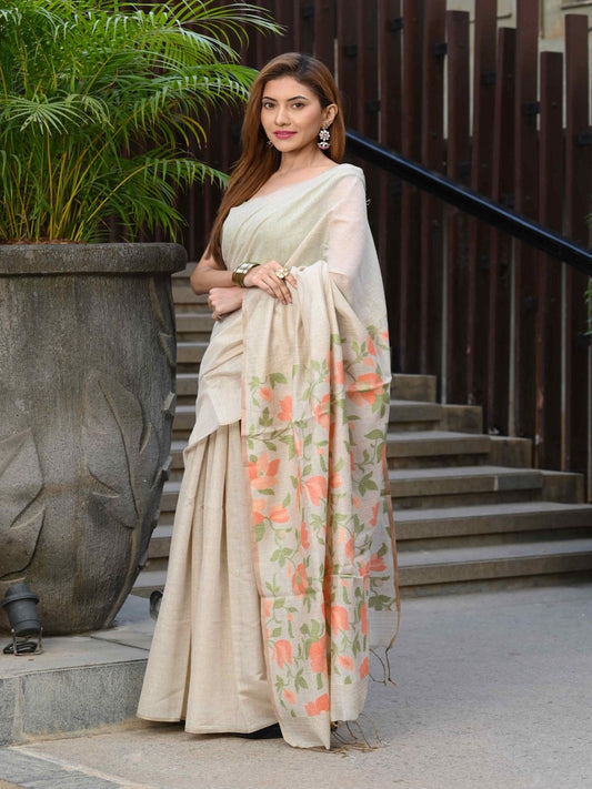 Cream Dhakai Jamdani Cotton Viscose Saree with Floral Pallu Design dj0120