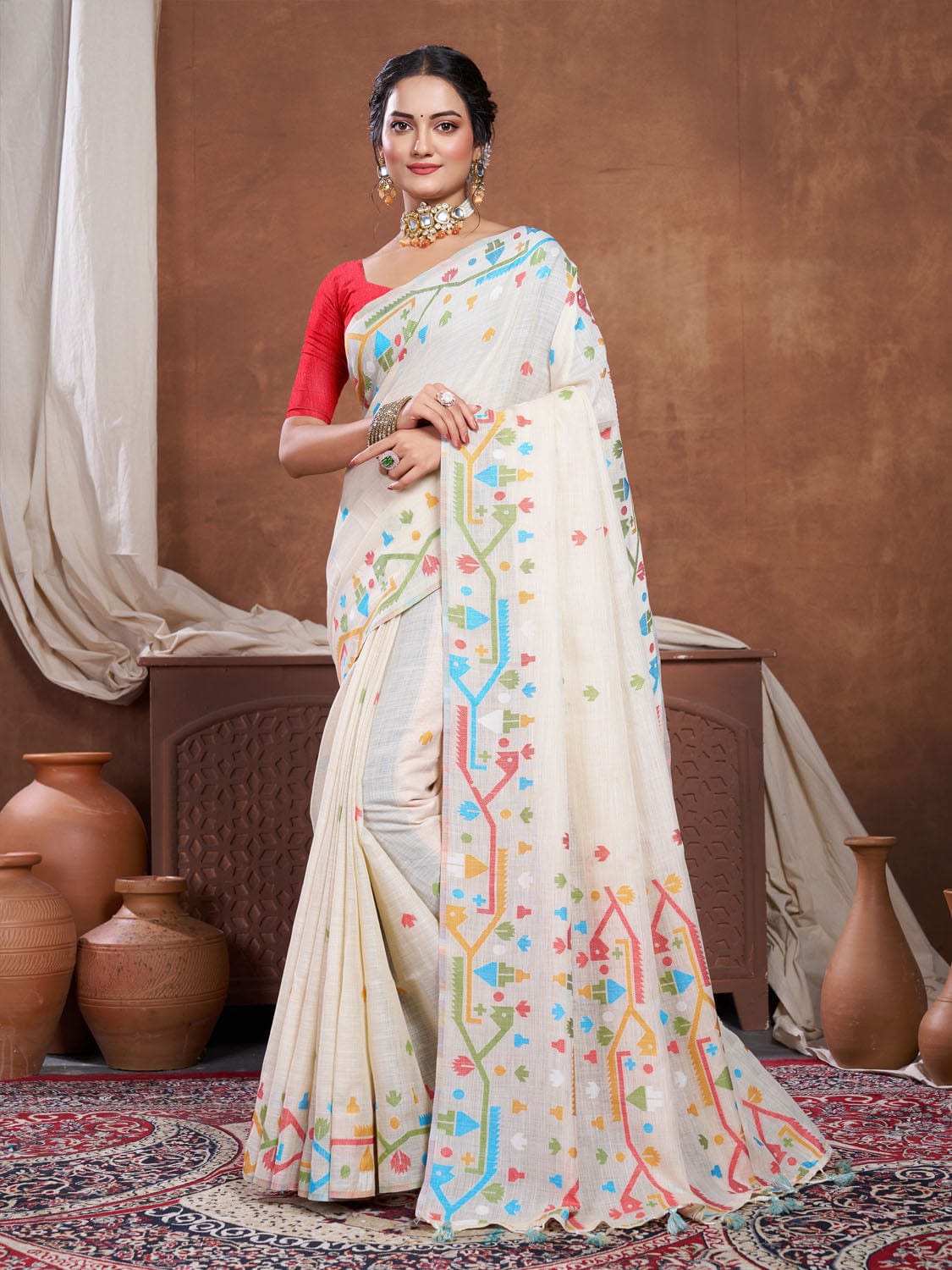 Cream Dhakai Jamdani Cotton Viscose Saree with Geometric Border and Pallu Design dj0100