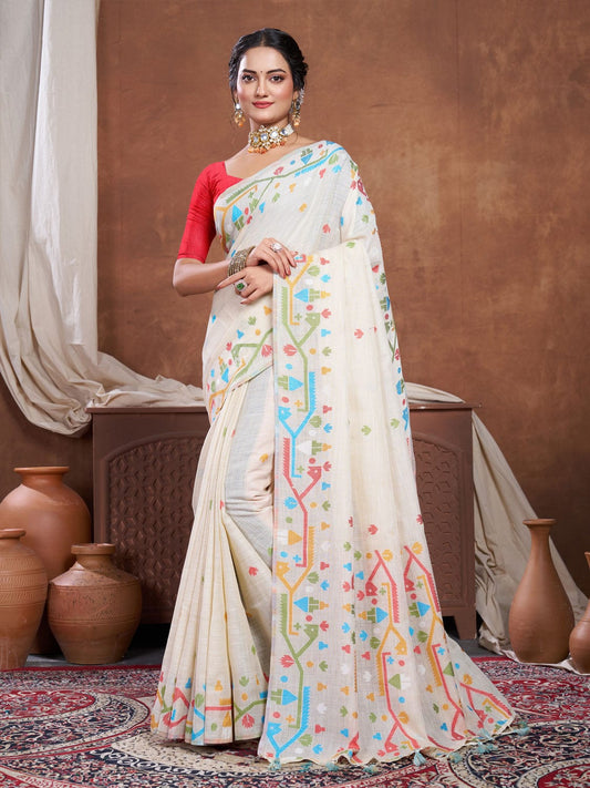 Cream Dhakai Jamdani Cotton Viscose Saree with Geometric Border and Pallu Design dj0100