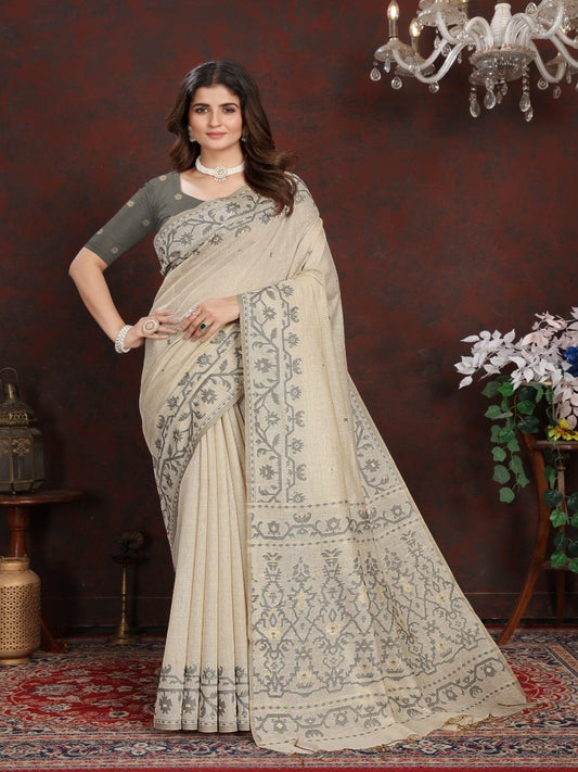 Cream Dhakai Jamdani Cotton Viscose Saree with Pallu and Border Design dj0117