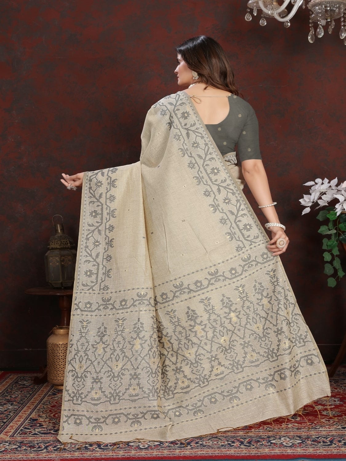 Cream Dhakai Jamdani Cotton Viscose Saree with Pallu and Border Design dj0117