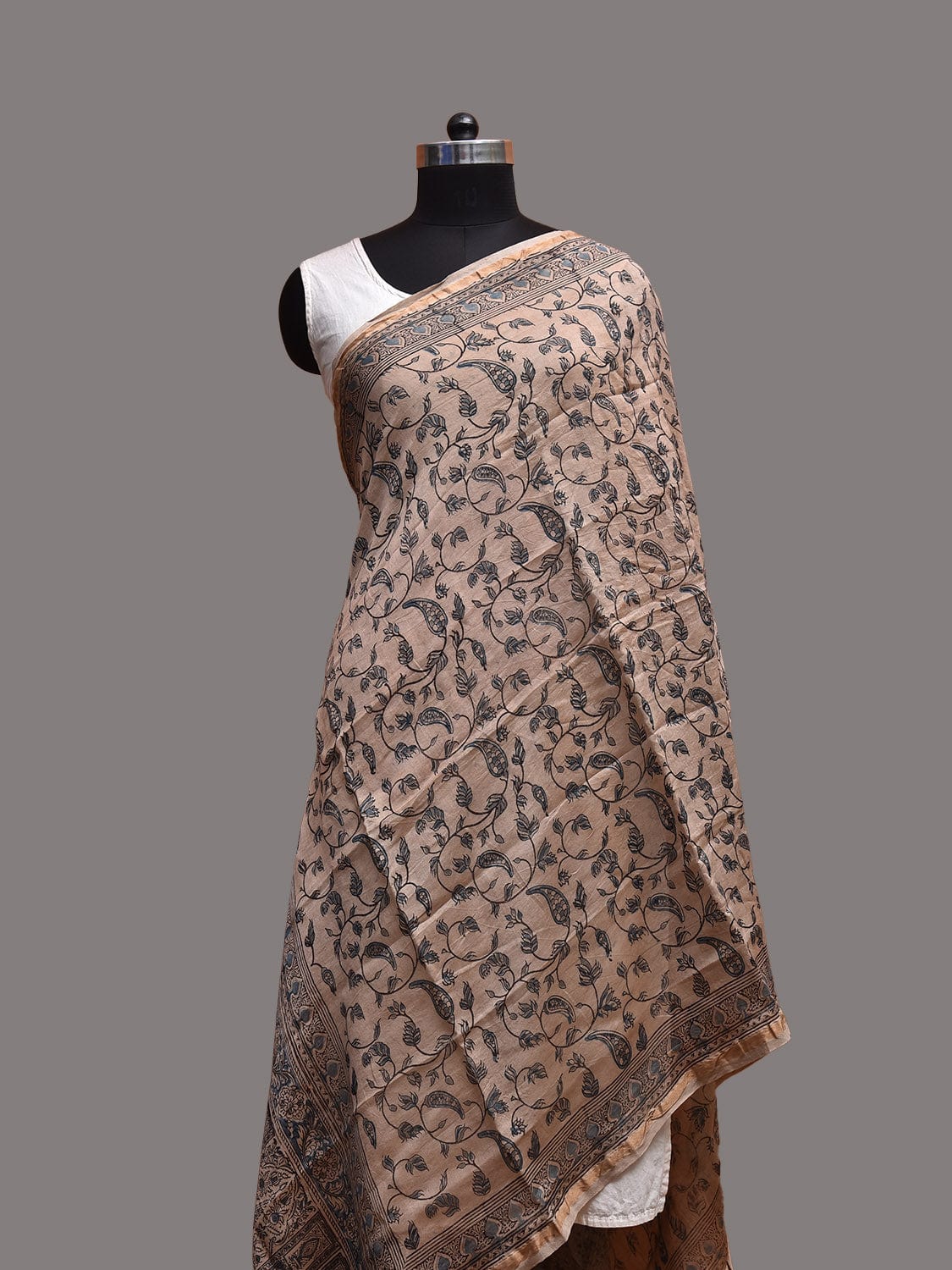 Cream Kalamkari Block Print Cotton Silk Dupatta with Floral Design ds3759