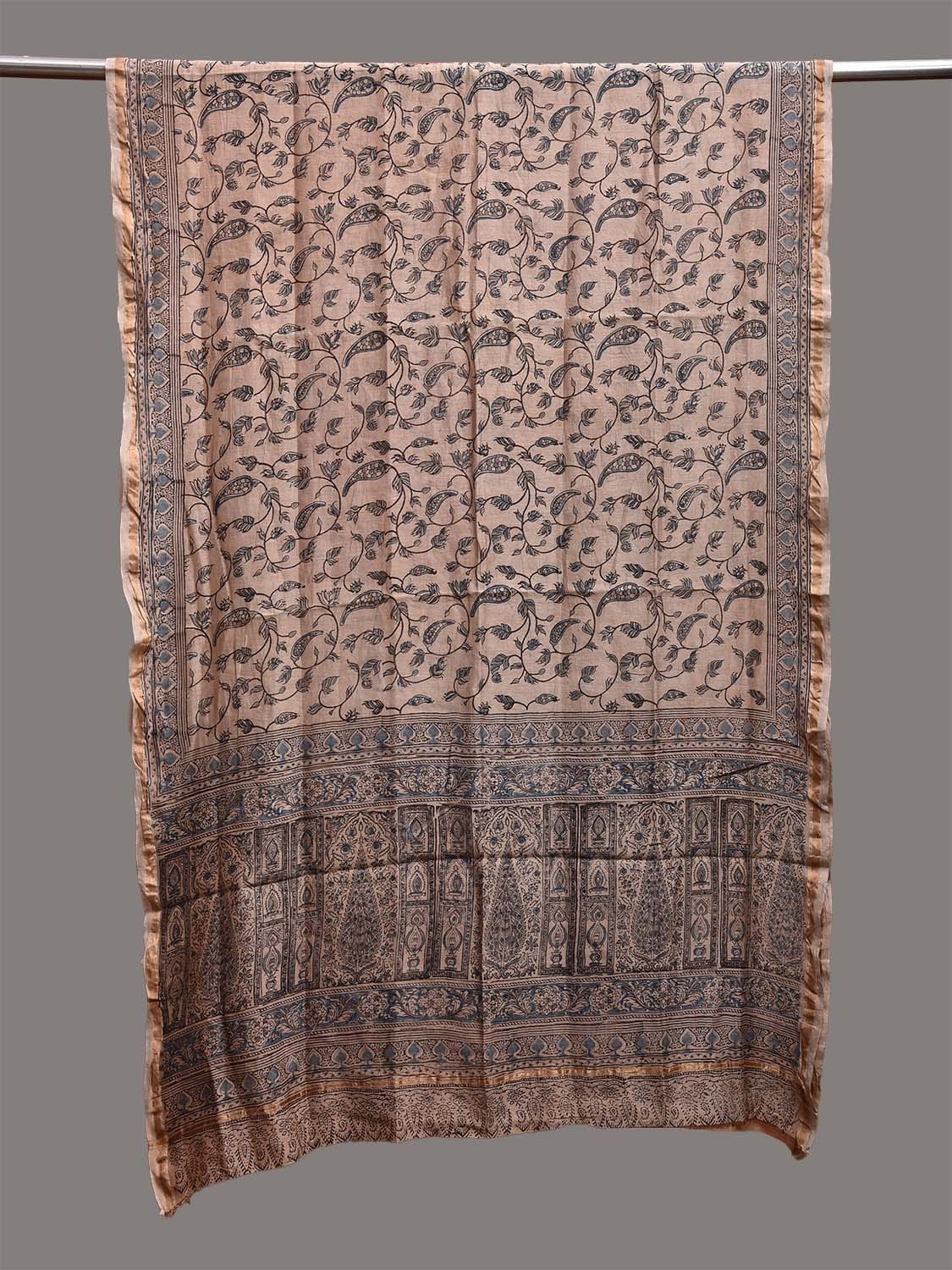 Cream Kalamkari Block Print Cotton Silk Dupatta with Floral Design ds3759