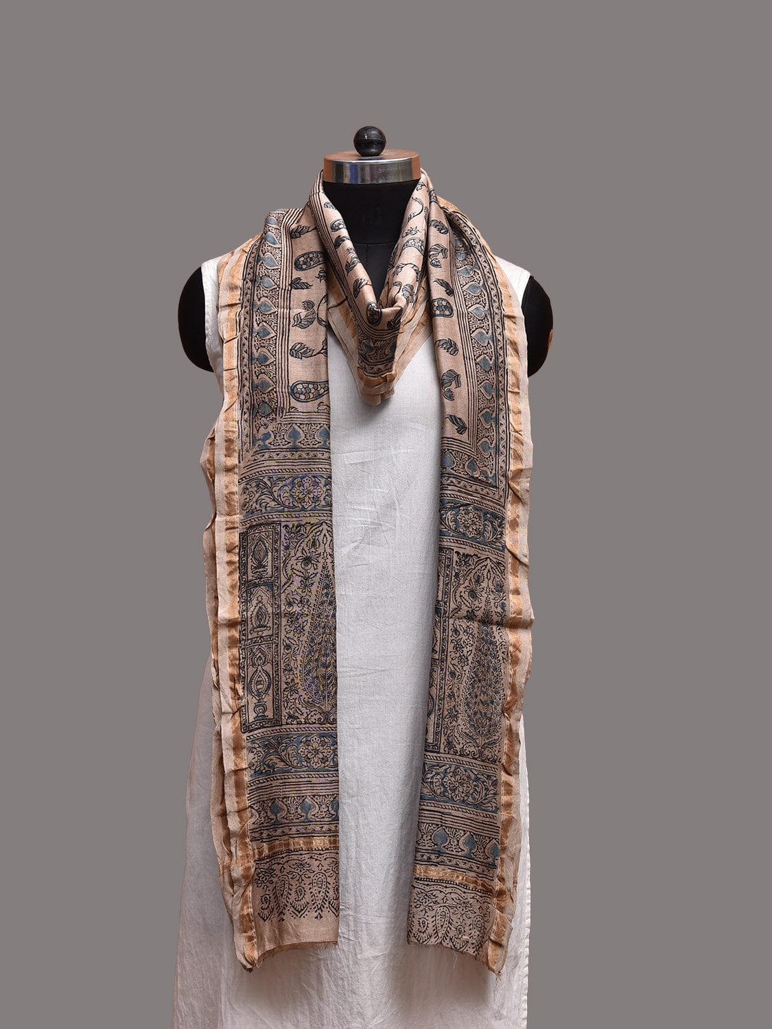 Cream Kalamkari Block Print Cotton Silk Dupatta with Floral Design ds3759