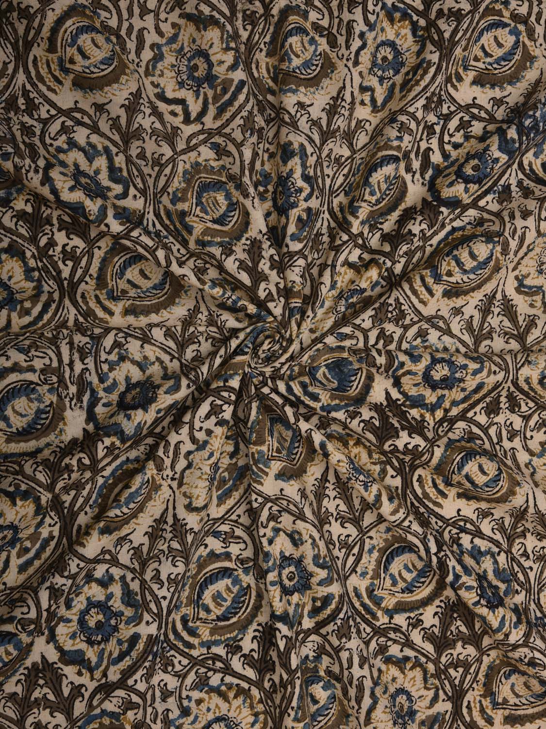 Cream Kalamkari Hand Block Printed Cotton Natural Dye 2.5mts Fabric with Flowers and Leaves Design f0199