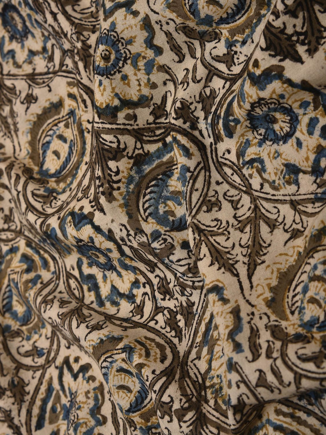 Cream Kalamkari Hand Block Printed Cotton Natural Dye 2.5mts Fabric with Flowers and Leaves Design f0199