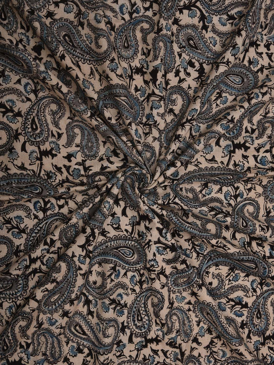 Cream Kalamkari Hand Block Printed Cotton Natural Dye 2..5mts Fabric with Mango Butas Design f0203