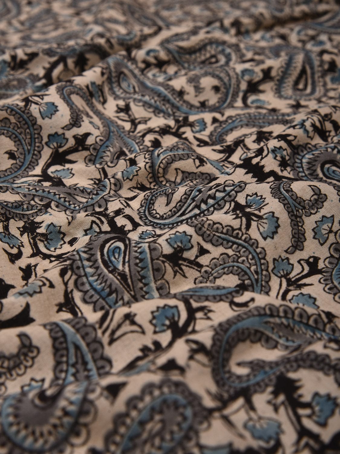 Cream Kalamkari Hand Block Printed Cotton Natural Dye 2..5mts Fabric with Mango Butas Design f0203