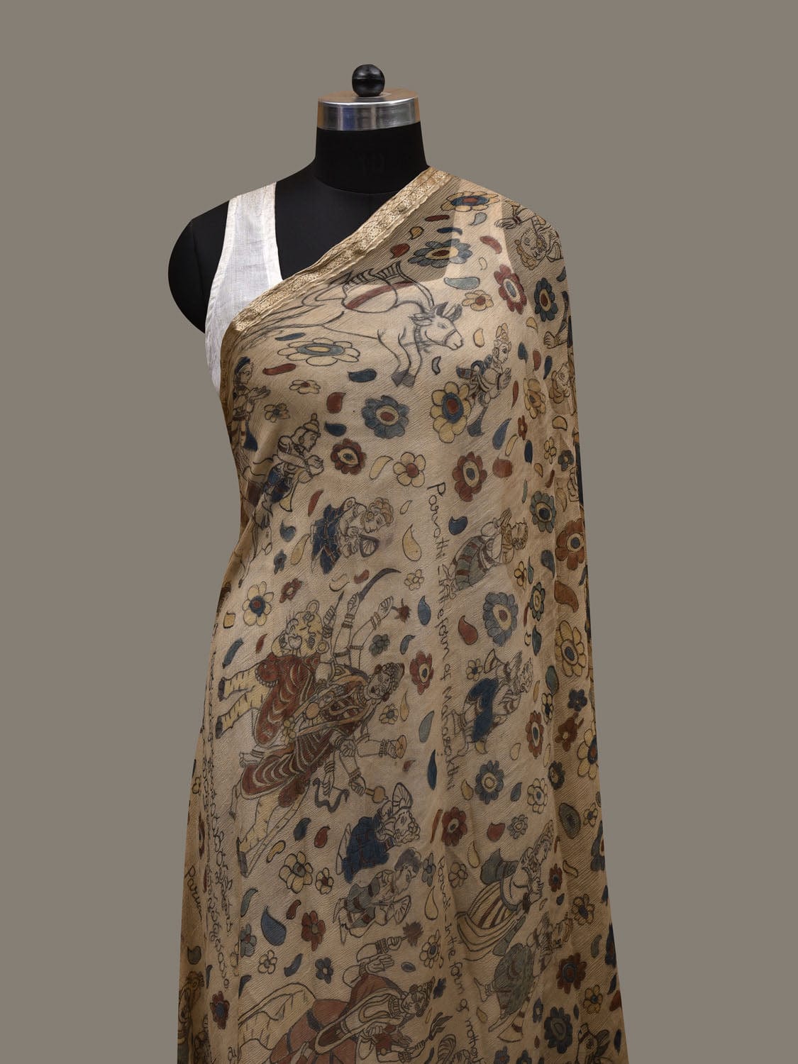 Cream Kalamkari Hand Painted Chiffon Dupatta with Ashta Lakshmi Design ds2798