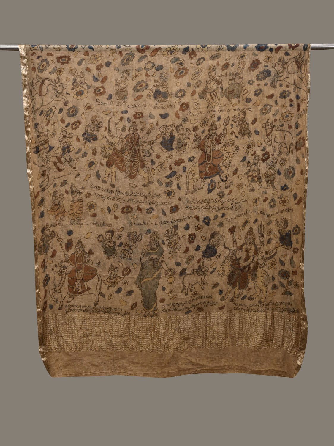 Cream Kalamkari Hand Painted Chiffon Dupatta with Ashta Lakshmi Design ds2798