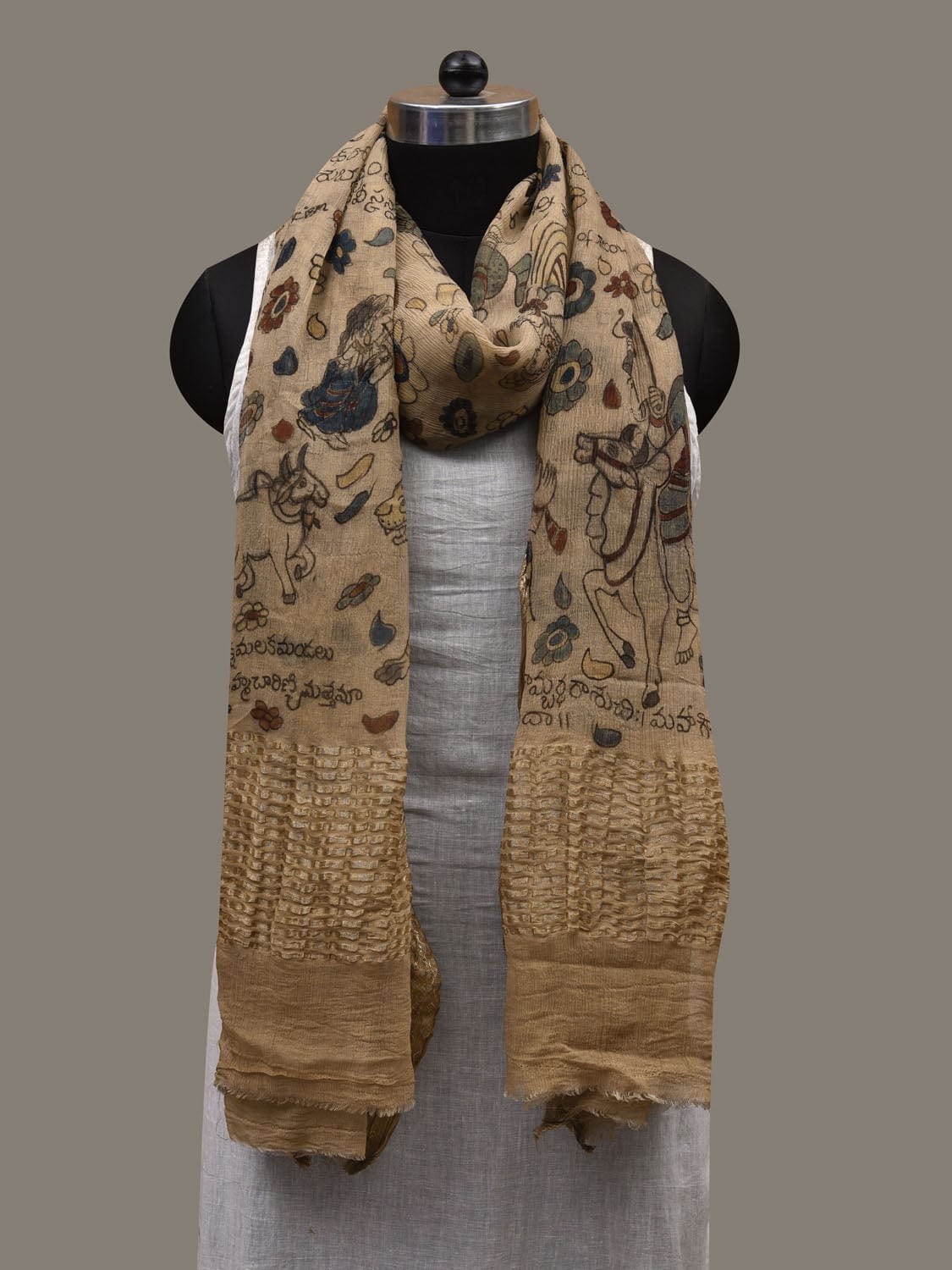 Cream Kalamkari Hand Painted Chiffon Dupatta with Ashta Lakshmi Design ds2798