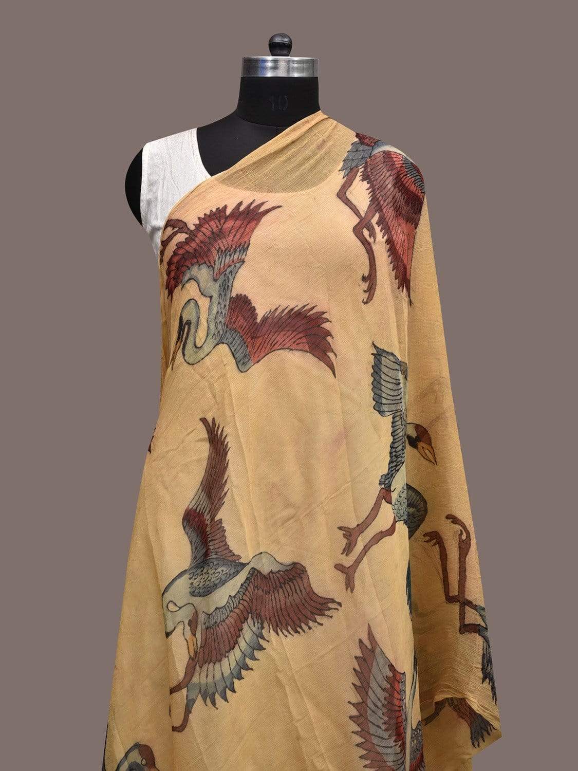 Cream Kalamkari Hand Painted Chiffon Dupatta with Birds Design ds2301