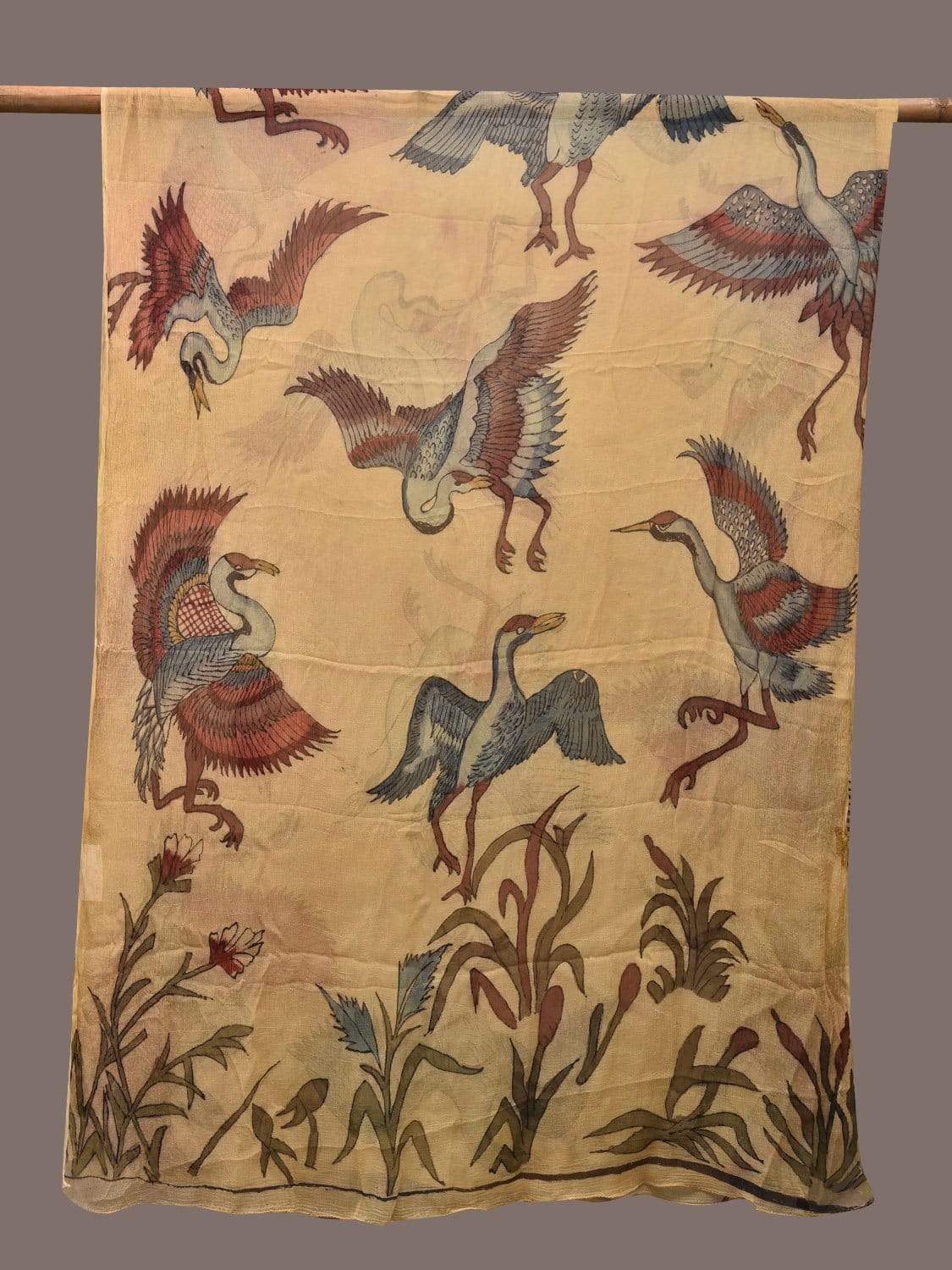 Cream Kalamkari Hand Painted Chiffon Dupatta with Birds Design ds2301