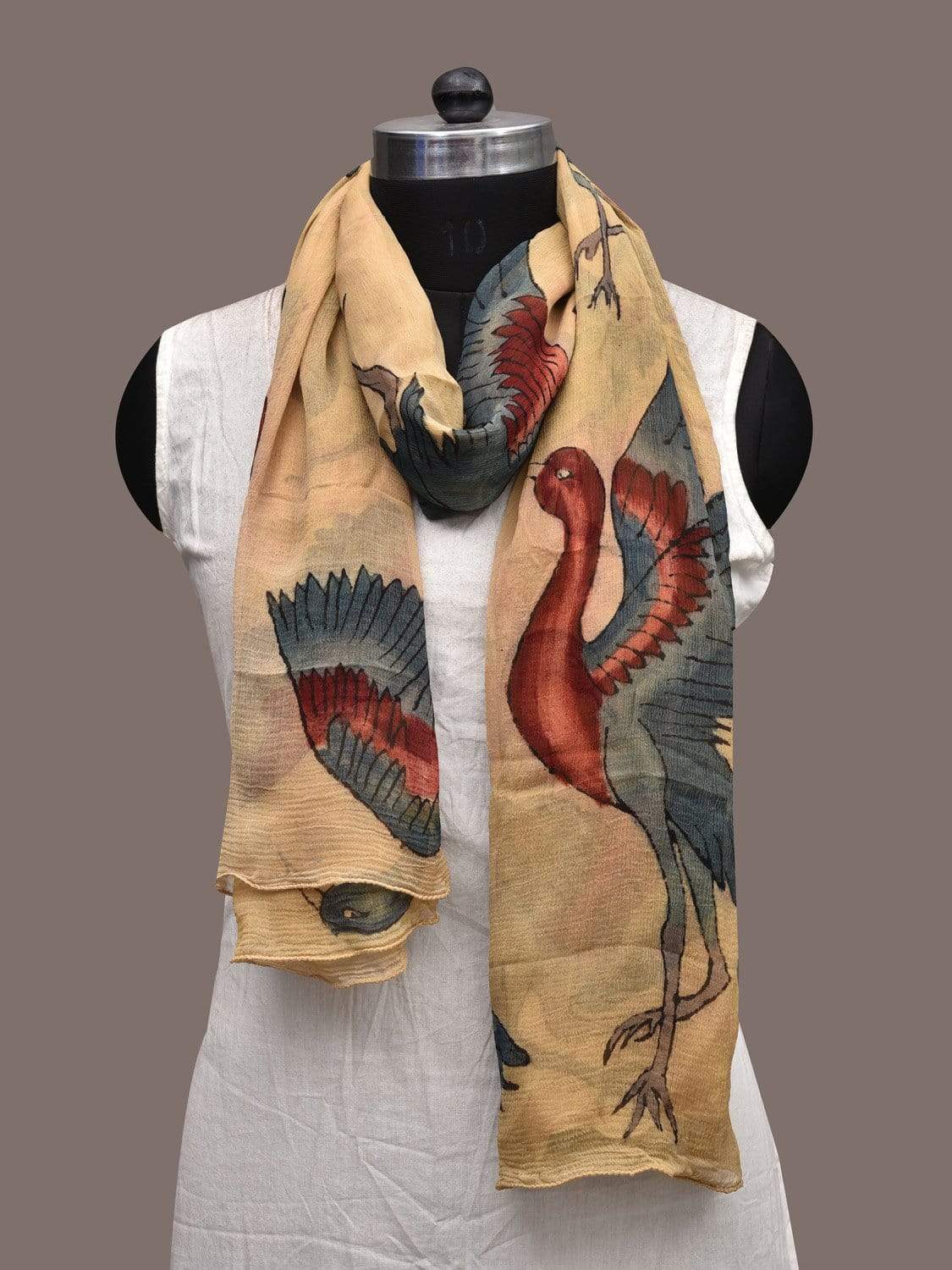 Cream Kalamkari Hand Painted Chiffon Dupatta with Birds Design ds2308